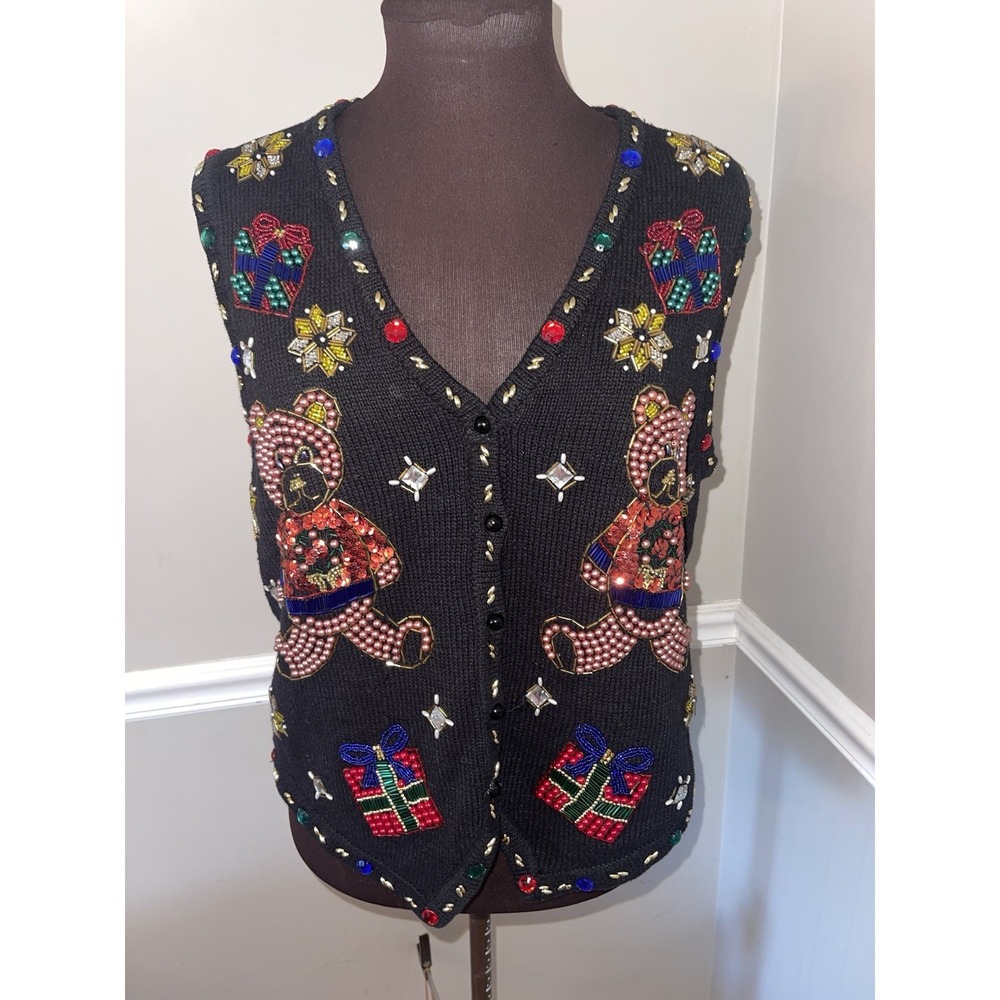 Vintage Claudia Beaded‎ Ugly Christmas Sweater Vest Teddy Bear Womens Sz M